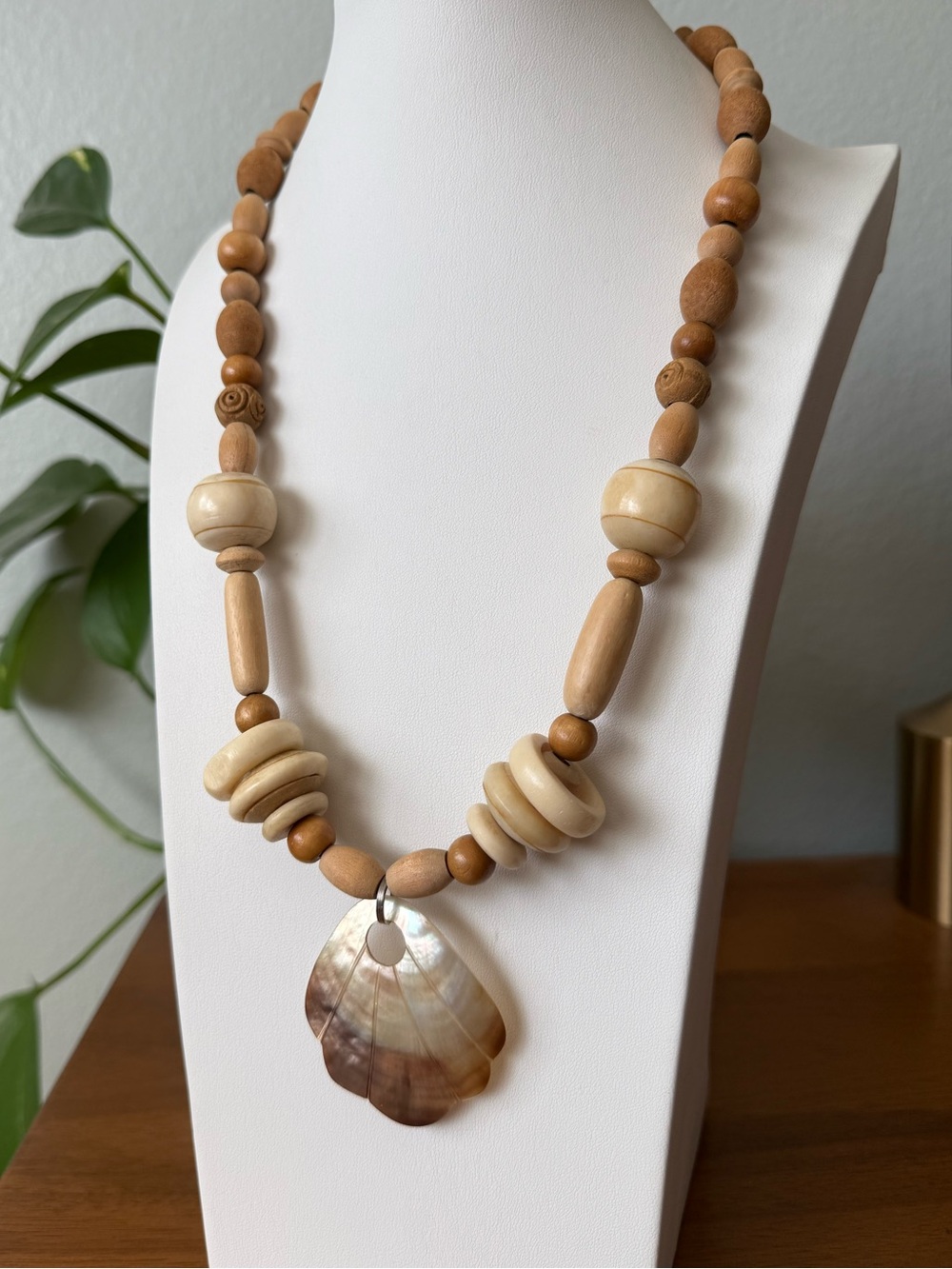 Natural Wood Bead Bone and Shell Pendant Necklace in Tan Beige Brown Artisan
